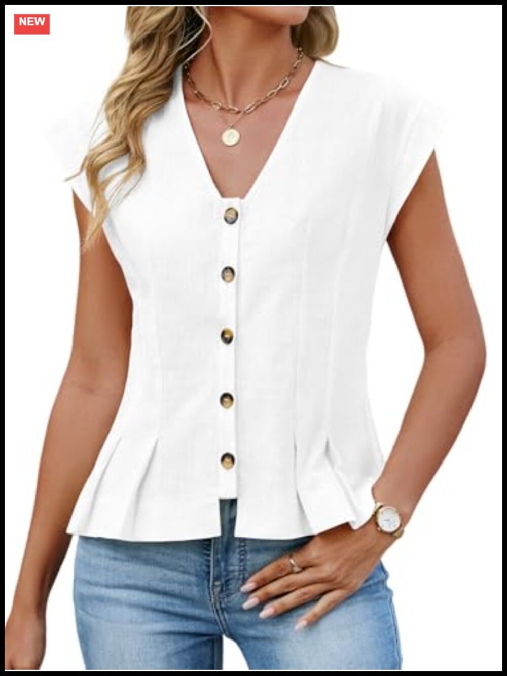 Womens 100% Cotton V Neck Crop Tank Top Cap Sleeve Button Down Blouse